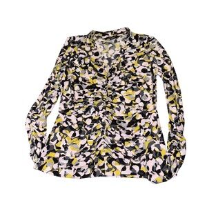 Ellen Tracy White, Black, Grey and Yellow Ruched Blouse NWOT